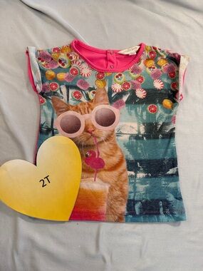 Pumpkin Patch - Kids 2T Pink and Blue Cat Graphic Tee/T-shirt